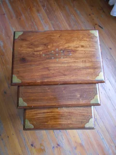 Rosewood Nesting tables x3  RARE Antique - intricate brass inlay patterns