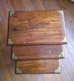 Nesting tables x3 - RARE Antique Rosewood with intricate brass inlay patterns