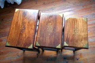 Nesting tables x3 - RARE Antique Rosewood with intricate brass inlay patterns
