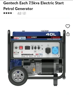 Brand new 7.5kVA Gentech petrol generator for sale. Never used, still under warranty.