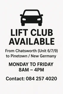Lift club offered from Chatsworth to Pinetown