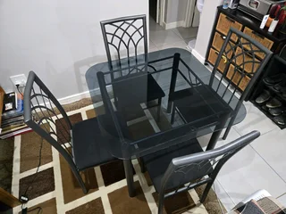 Compact 4-Seater Glass Table & Chairs - Tempered Glass + Black Steel Frame