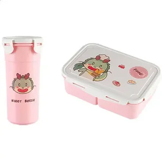 Perfect Dealz Cartoon Design Plastic Bento Lunch Box with Water Bottle - Pink