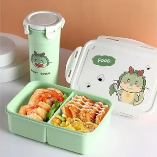 Perfect Dealz Cartoon Design Plastic Bento Lunch Box with Water Bottle - Green