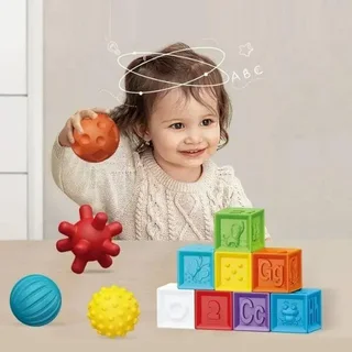 Perfect Dealz 14pcs Puzzle Sensory Soft and Textured Rubber Balls and Blocks Set For Kids