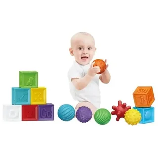 Perfect Dealz 16pcs Puzzle Sensory Soft and Textured Rubber Balls and Blocks Set For Kids