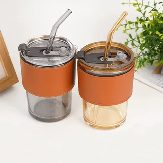 Perfect Dealz 400ml Coffee Cup Sipper Glass Tumbler with Lid and Straw - Brown