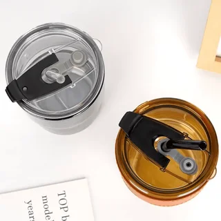 Perfect Dealz 400ml Coffee Cup Sipper Glass Tumbler with Lid and Straw - Brown