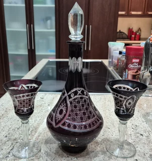 Vintage 1970s Romanian  Crystal Set: 3 Glasses &amp; Decanter {worth 92  Euros!} Extremely Rare!