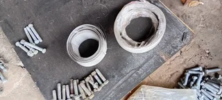 Assorted hot dip galvanised bolts, nuts, washers, channel iron, flat bar, etc.Safety harness