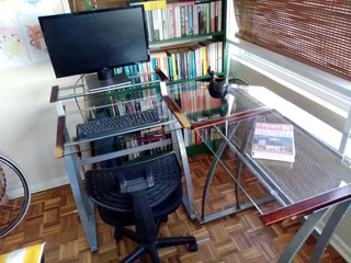 Modern Glass L-Shaped Computer Desk – Metal Frame with Wooden Trim