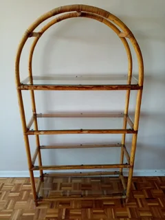 華 Vintage Rattan &amp; Glass Arch Shelf – 4-Tier Boho Display Unit (180 cm High)