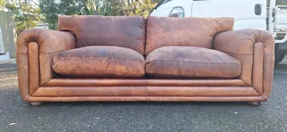 Stunning Retro Aft Armed KUDU Leather Couch Large 3 Seater Tan Brown Colour 230cm