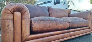 Stunning Retro Aft Armed KUDU Leather Couch Large 3 Seater Tan Brown Colour 230cm