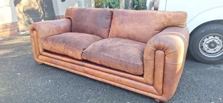 Stunning Retro Aft Armed KUDU Leather Couch Large 3 Seater Tan Brown Colour 230cm