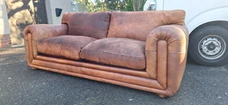 Stunning Retro Aft Armed KUDU Leather Couch Large 3 Seater Tan Brown Colour 230cm