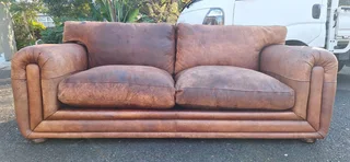 Stunning Retro Aft Armed KUDU Leather Couch Large 3 Seater Tan Brown Colour 230cm