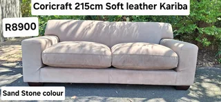 215cm Coricraft Kariba Large 2 Soft Seater Leather Couch Sand Brown