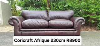 230cm Coricraft seater Leather Couch Afrique Range in Dark Milano Brown colour