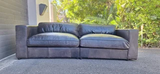 at Home 3 Seater Leather Couch Square Armed Sofa Huxley style Kalahari Muddy Brown