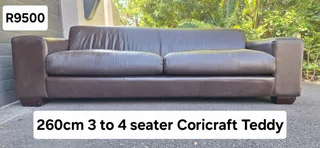 260cm Coricraft Teddy Leather Couch 3 Seater Milano Dark Brown Color