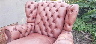93CM KUDU Leather Wingback Chair Chesterfield Button-Back Unique Tan Brown color