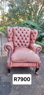 93CM KUDU Leather Wingback Chair Chesterfield Button-Back Unique Tan Brown color