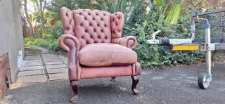 93CM KUDU Leather Wingback Chair Chesterfield Button-Back Unique Tan Brown color