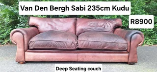 235cm 3 Seater Van den Bergh 100% Kudu Leather Couch Sabi No studs Earthy Brown Colour