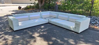 295cm KLOOFTIQUE Corner Leather Couch Modern styled CUBIST Range Light Grey Mint colour