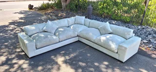 295cm KLOOFTIQUE Corner Leather Couch Modern styled CUBIST Range Light Grey Mint colour