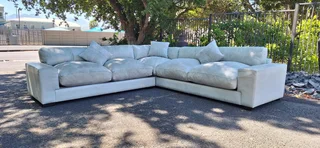 295cm KLOOFTIQUE Corner Leather Couch Modern styled CUBIST Range Light Grey Mint colour