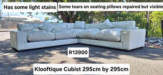 295cm Klooftique Corner Leather Couch Modern Styled Cubist Range Light Grey Mint Colour