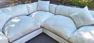 295cm KLOOFTIQUE Corner Leather Couch Modern styled CUBIST Range Light Grey Mint colour