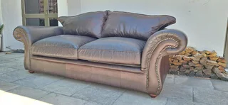 Lovely Scroll Arms 3 seater Full leather Colonial Couch 235cm Oxblood Brown colour