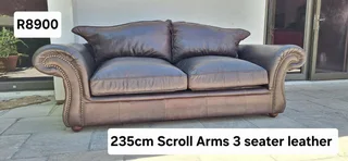 Lovely Scroll Arms 3 seater Full leather Colonial Couch 235cm Oxblood Brown colour