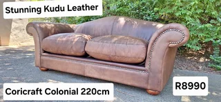Gorgeous Old Skool Coricraft Colonial KUDU Leather Couch 3 Seater Zambezi Tan Brown Leather Sofa