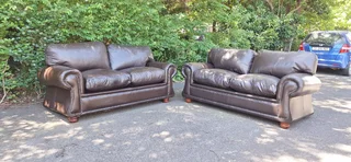 2 by 2 Genuine Full Leather Couches Windsor Petite Range set Dark Milano Brown color 185cm each