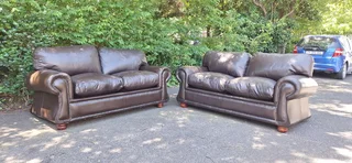2 by 2 Genuine Full Leather Couches Windsor Petite Range set Dark Milano Brown color 185cm each