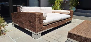 MASSIVE Modern BESPOKE WEYLANDTS Patio Daybed Couch Natural Woven Banana Leaf Couch Lounger and Coff