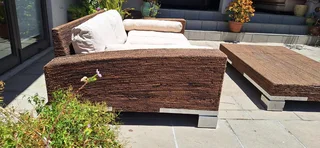 MASSIVE Modern BESPOKE WEYLANDTS Patio Daybed Couch Natural Woven Banana Leaf Couch Lounger and Coff