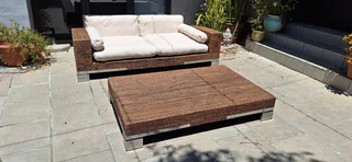 MASSIVE Modern BESPOKE WEYLANDTS Patio Daybed Couch Natural Woven Banana Leaf Couch Lounger and Coff
