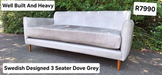 Swedish Designed Sleek Solid Genuine Leather 3 seater Couch Dove Grey Colour 188cm