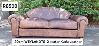 Weylandts Retro Old Skool Styled 2 Seater Leather Kudu Couch Hazelnut Brown 190cm