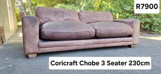 230cm Coricraft Leather 3 Seater Couch Chobe Hazelnut Brown Colour