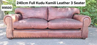 Stunning 240cm KUDU Leather 3 seater Sabi Kamili Range Couch with studs
