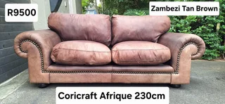 230cm Coricraft 2 to 3 seater Leather Couch Afrique Range Zambezi Brown colour