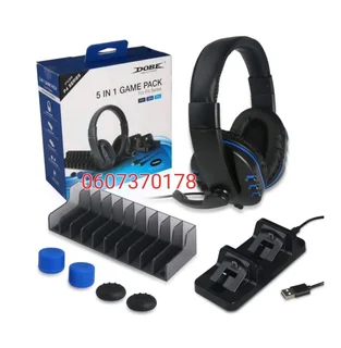 PS4 5 in 1 Set Headphones - Charging Dock - Game Stand and Silicon Caps - Dobe Brand (Brand New)