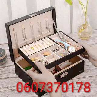 Compact Leather Double Layer Jewellery Storage Box Organizer-Tiered Tray - Black (Brand New)