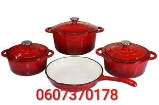 7 Piece Authentic Cast Iron Dutch Oven Cookware Pot Set - Red (Brand New)